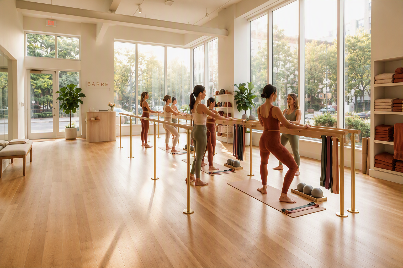 Instructora de barre guiando una clase en un estudio luminoso